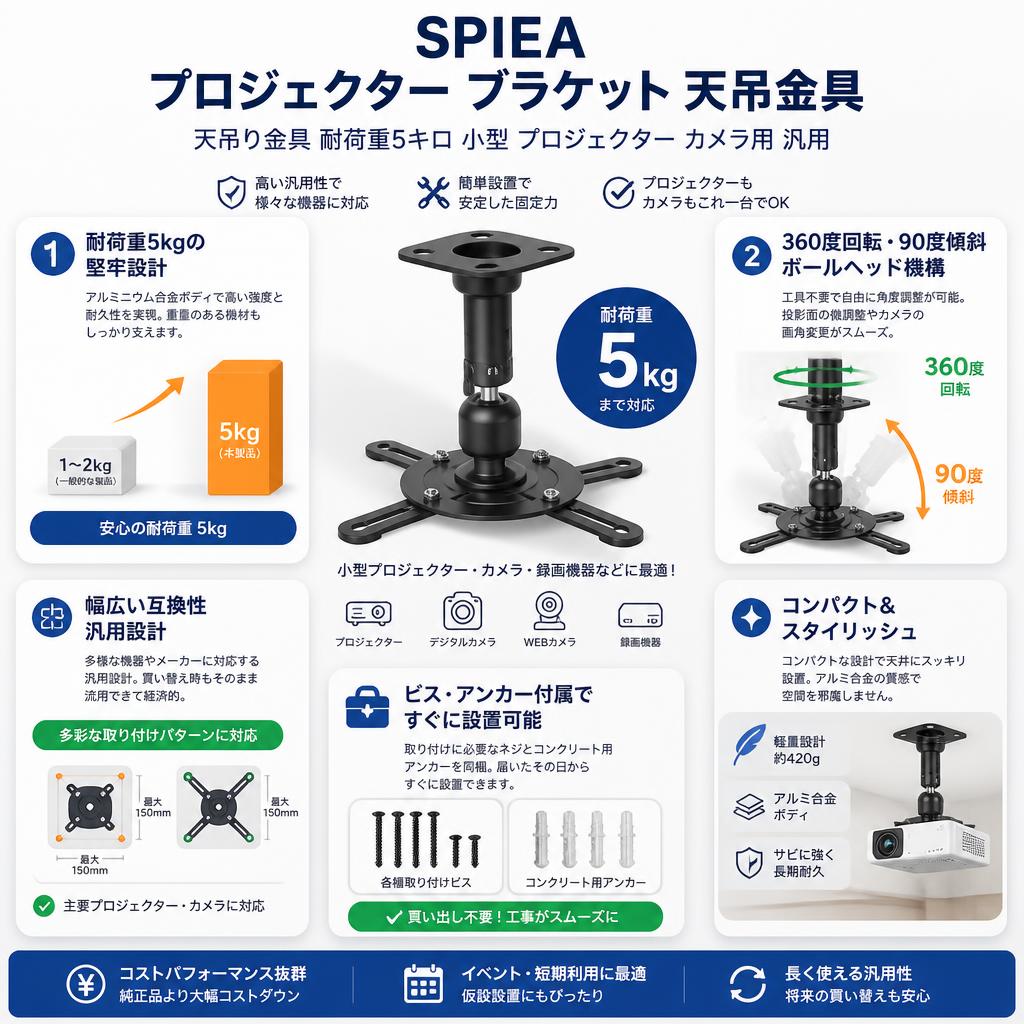 SPIEA プロジェクター ブラケット 天吊金具/天吊り金具 耐荷重5キロ 小型 プロジェクター カメラ用 汎用 セールスポイント