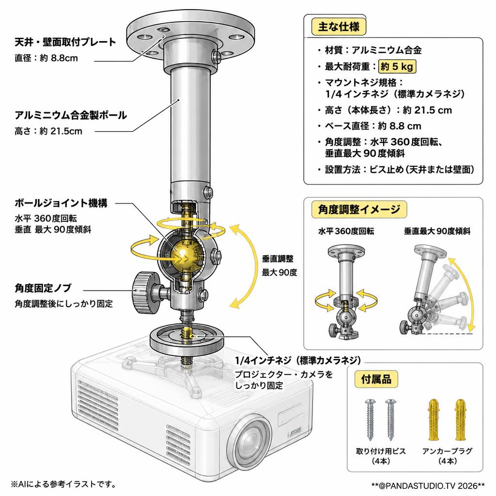 SPIEA プロジェクター ブラケット 天吊金具/天吊り金具 耐荷重5キロ 小型 プロジェクター カメラ用 汎用 スペック
