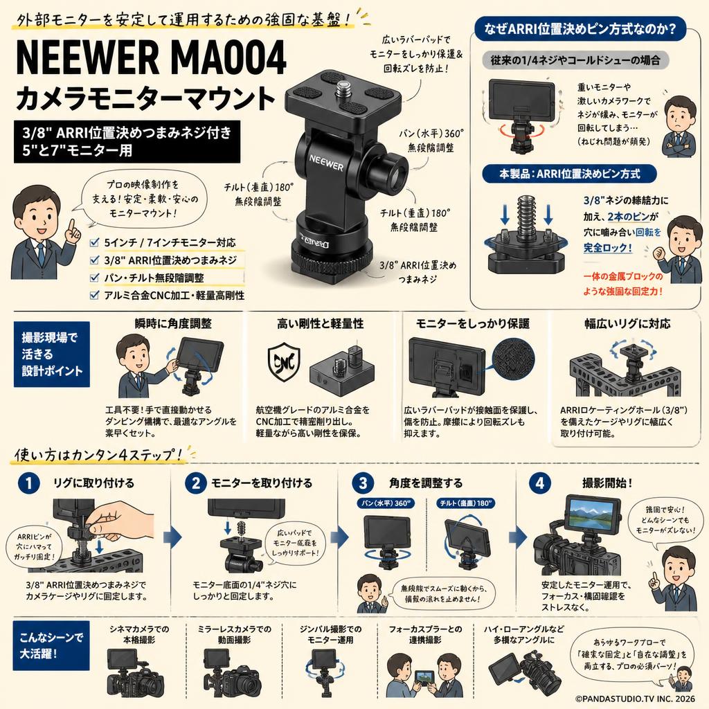 NEEWER MA004 カメラモニターマウント【3/8"ARRI位置決めつまみネジ付き 5"と7"モニター用】 概要