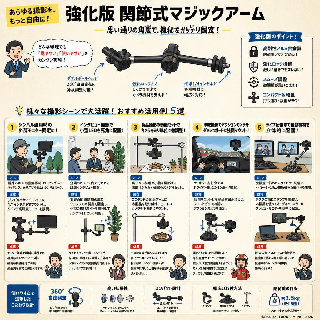 強化版関節式マジックアーム ダブルボールヘッド付き 用途
