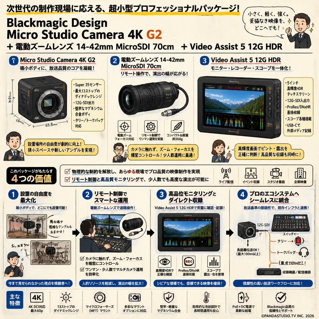 Blackmagic Design Micro Studio Camera 4K G2 ＋電動ズームレンズ 14-42mm MicroSDI 70cm ＋ Video Assist 5 12G HDR 概要