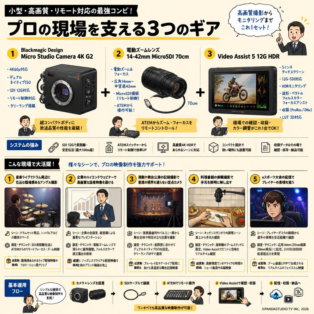 Blackmagic Design Micro Studio Camera 4K G2 ＋電動ズームレンズ 14-42mm MicroSDI 70cm ＋ Video Assist 5 12G HDR 用途
