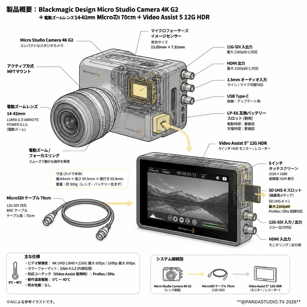 Blackmagic Design Micro Studio Camera 4K G2 ＋電動ズームレンズ 14-42mm MicroSDI 70cm ＋ Video Assist 5 12G HDR スペック
