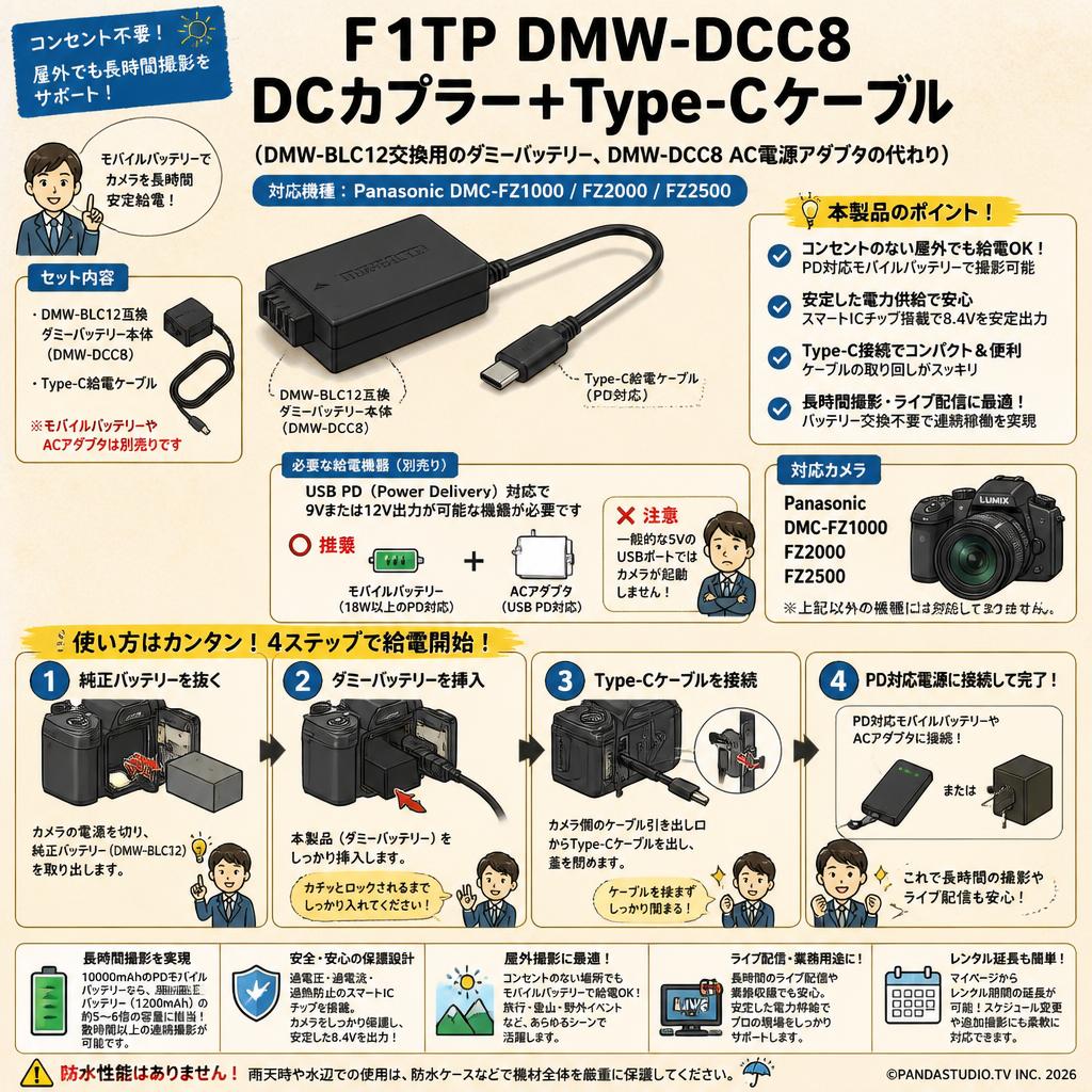 F1TP DMW-DCC8 DCカプラー＋Type-Cケーブル（DMW-BLC12交換用のダミーバッテリー、DMW-DCC8 AC電源アダプタの代わり）For Panasonic DMC-FZ1000 FZ2000 FZ2500 FAQ（よくある質問と答え）