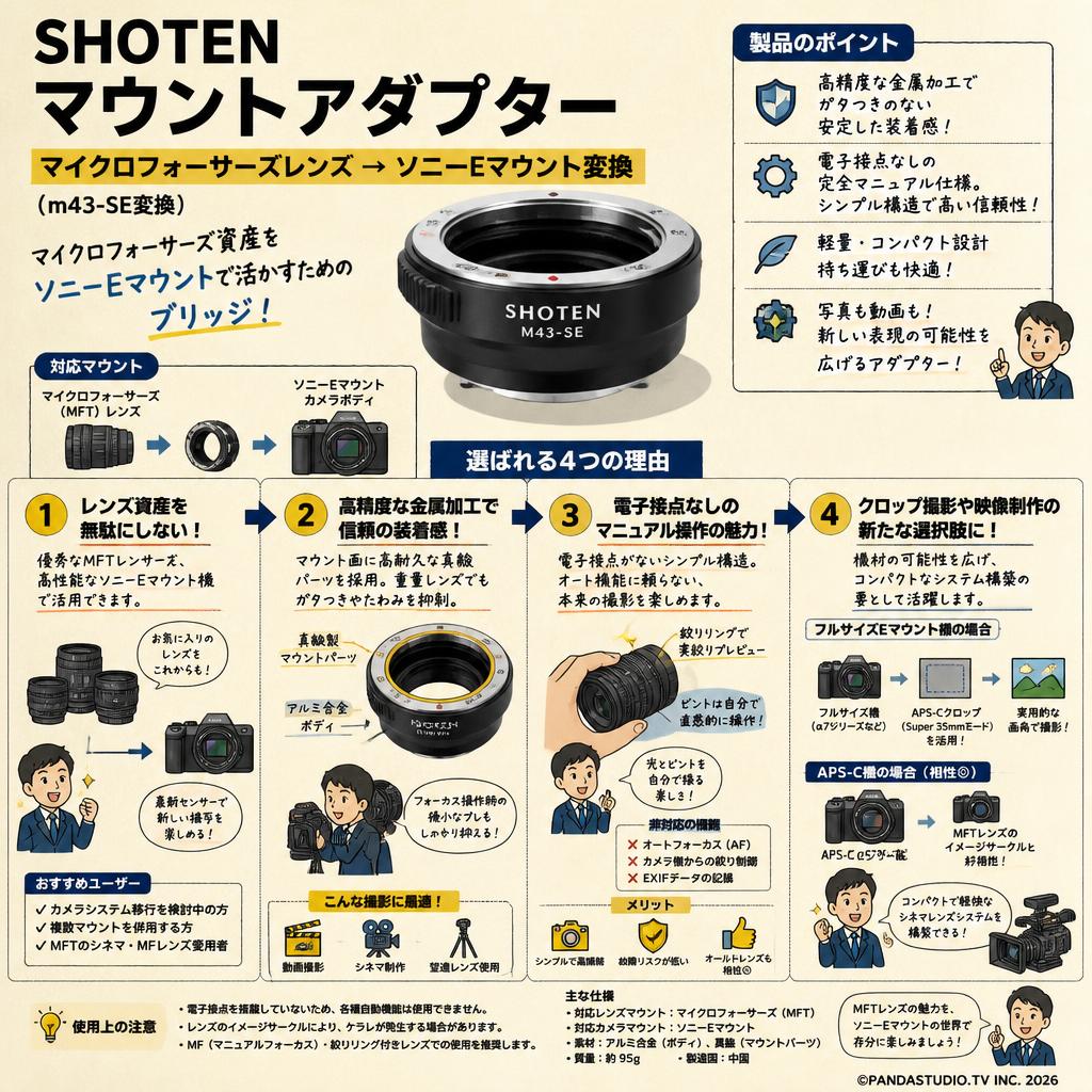 SHOTEN マウントアダプター ／マイクロフォーサーズレンズ → ソニーEマウント変換 （m43-SE変換） 概要