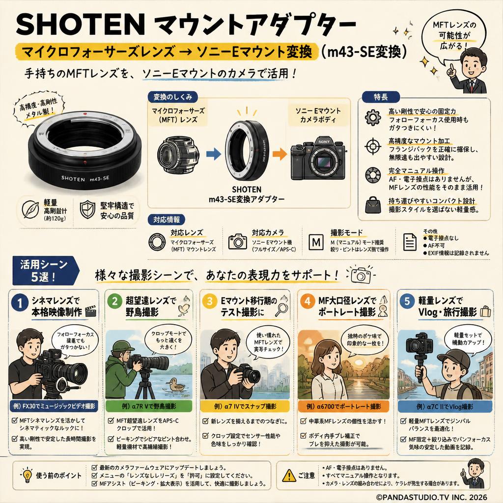 SHOTEN マウントアダプター ／マイクロフォーサーズレンズ → ソニーEマウント変換 （m43-SE変換） 用途
