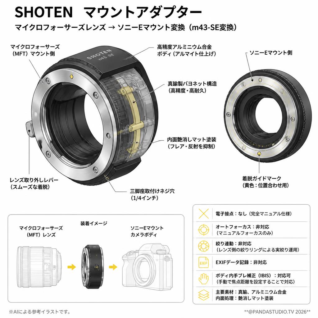 SHOTEN マウントアダプター ／マイクロフォーサーズレンズ → ソニーEマウント変換 （m43-SE変換） スペック