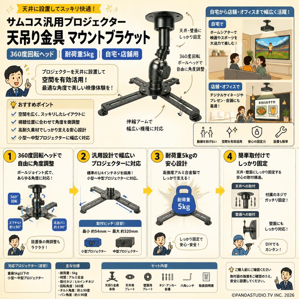 サムコス汎用プロジェクター天吊り金具 マウントブラケット 360度回転ヘッド 耐荷重5kg ・自宅・店舗用 概要
