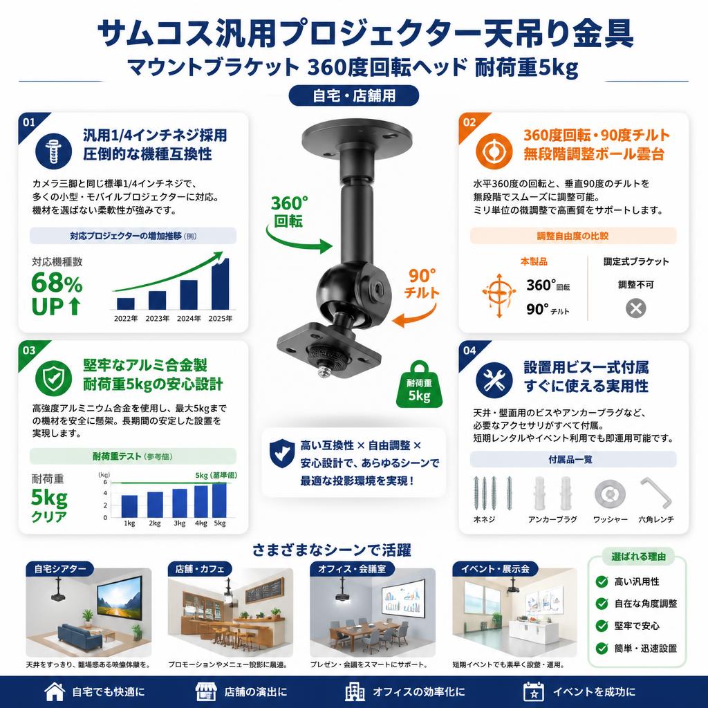 サムコス汎用プロジェクター天吊り金具 マウントブラケット 360度回転ヘッド 耐荷重5kg ・自宅・店舗用 セールスポイント