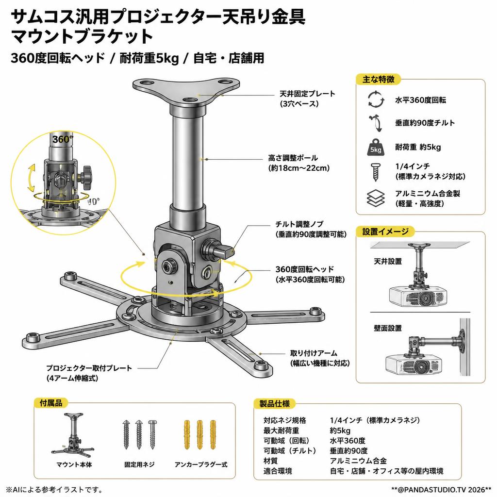 サムコス汎用プロジェクター天吊り金具 マウントブラケット 360度回転ヘッド 耐荷重5kg ・自宅・店舗用 スペック