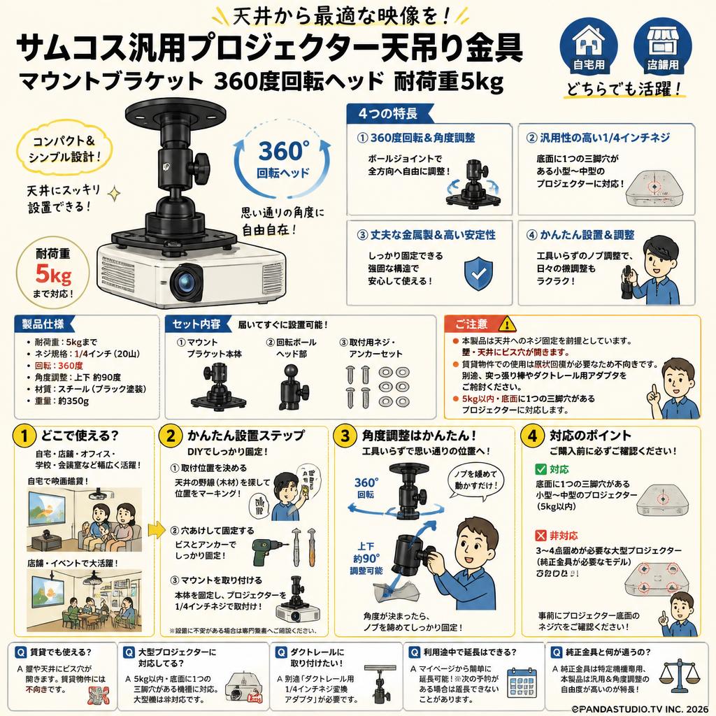 サムコス汎用プロジェクター天吊り金具 マウントブラケット 360度回転ヘッド 耐荷重5kg ・自宅・店舗用 FAQ（よくある質問と答え）