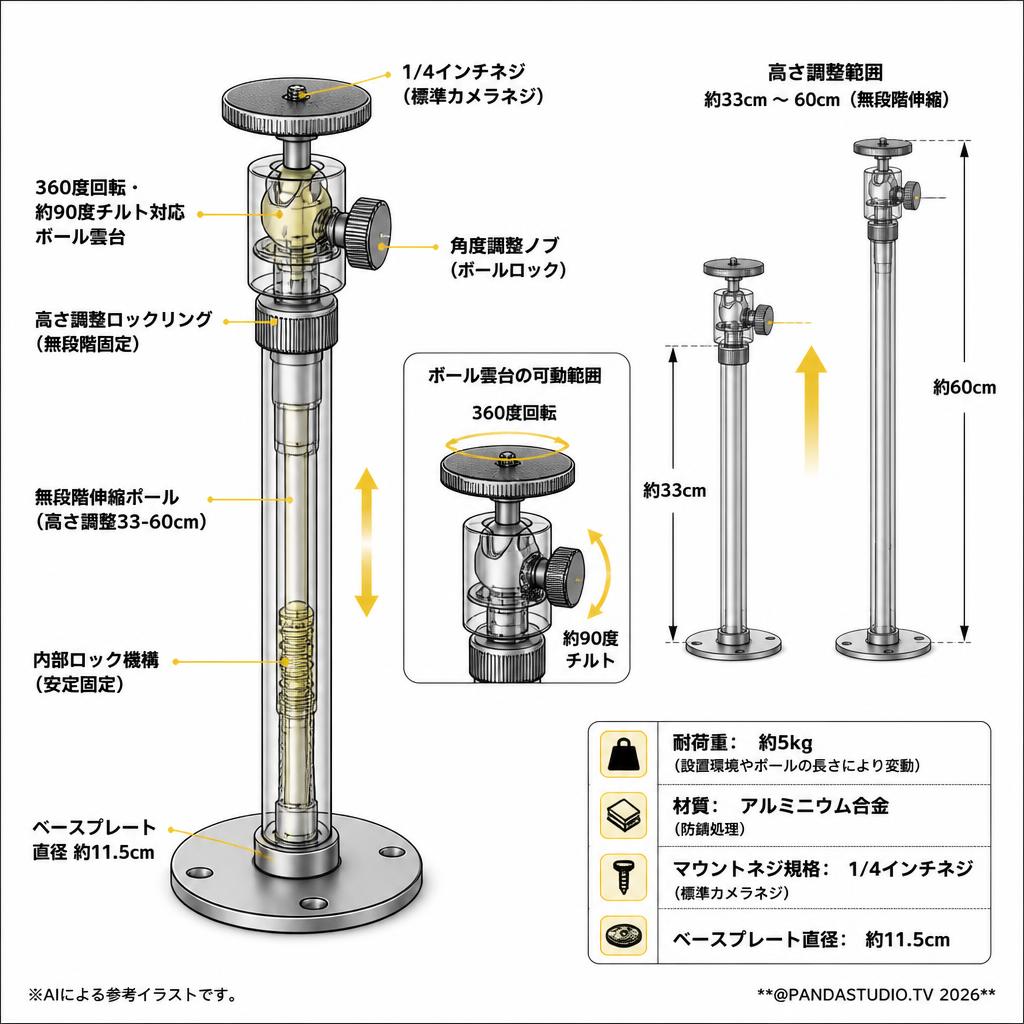 SPIEA 汎用 プロジェクター ブラケット 小型 プロジェクター カメラ用 【 高さ調整33-60cm】 スペック