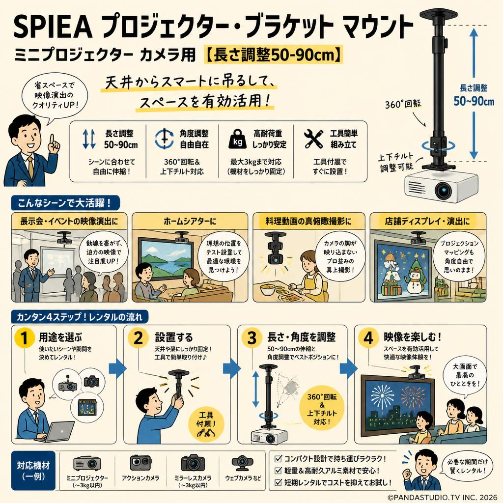 SPIEA プロジェクター・ブラケット マウント ミニプロジェクター カメラ用 【 長さ調整50-90cm】 おもな対象のお客様