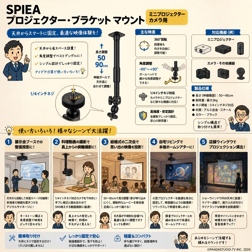 SPIEA プロジェクター・ブラケット マウント ミニプロジェクター カメラ用 【 長さ調整50-90cm】 用途