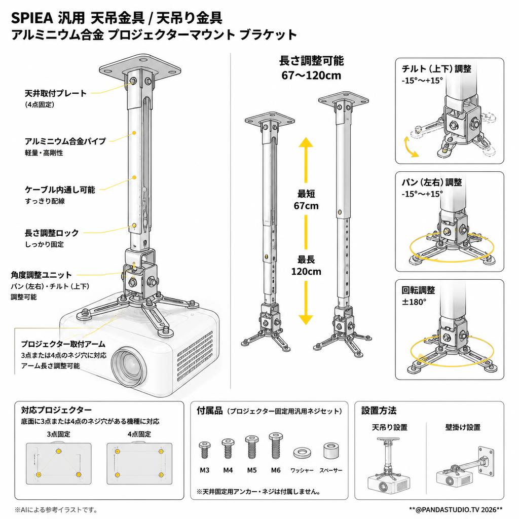 SPIEA 汎用 天吊金具/天吊り金具 アルミニウム合金 プロジェクターマウント ブラケット 【 長さ調整可能 67-120cm】 スペック