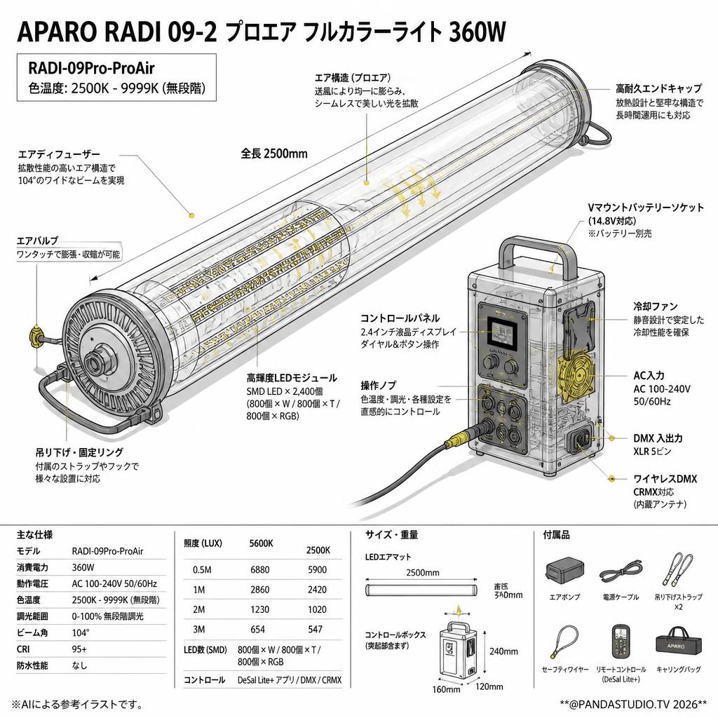 APARO RADI 09-2 プロエア フルカラーライト 360W RADI-09Pro-ProAir 色温度: 2500K - 9999K (無段階)【PROKIZAI.COM】 スペック