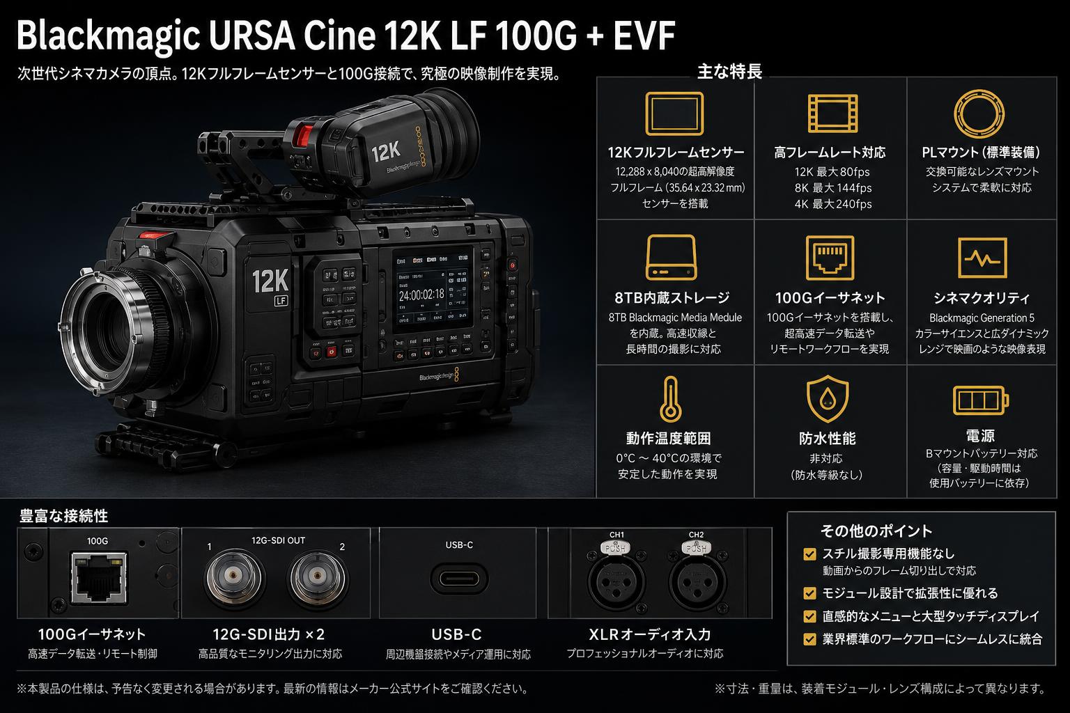 Blackmagic URSA Cine 12K LF 100G + EVF スペック