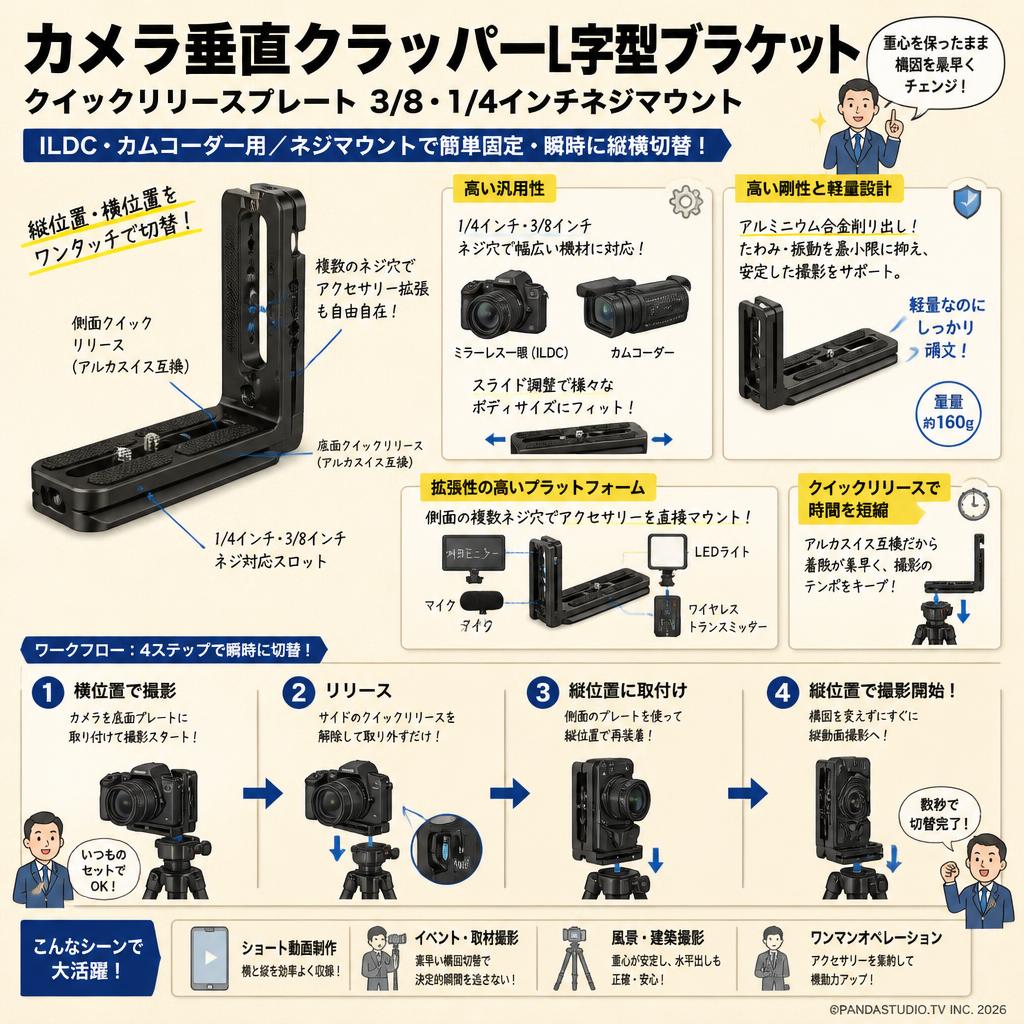 カメラ垂直クラッパーl字型ブラケットクイックリリースプレート3/8 1/4 "カムコーダー用ネジマウントildcカメラビデオ撮影 概要