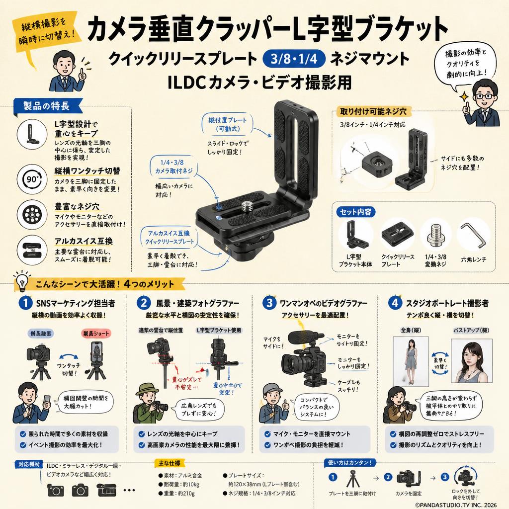 カメラ垂直クラッパーl字型ブラケットクイックリリースプレート3/8 1/4 "カムコーダー用ネジマウントildcカメラビデオ撮影 おもな対象のお客様