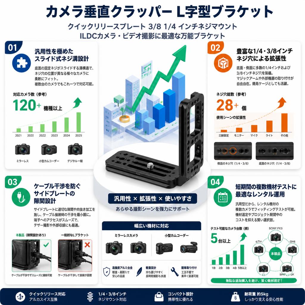 カメラ垂直クラッパーl字型ブラケットクイックリリースプレート3/8 1/4 "カムコーダー用ネジマウントildcカメラビデオ撮影 セールスポイント