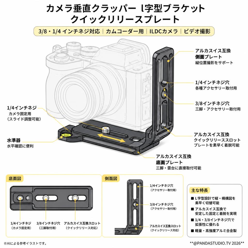 カメラ垂直クラッパーl字型ブラケットクイックリリースプレート3/8 1/4 "カムコーダー用ネジマウントildcカメラビデオ撮影 スペック