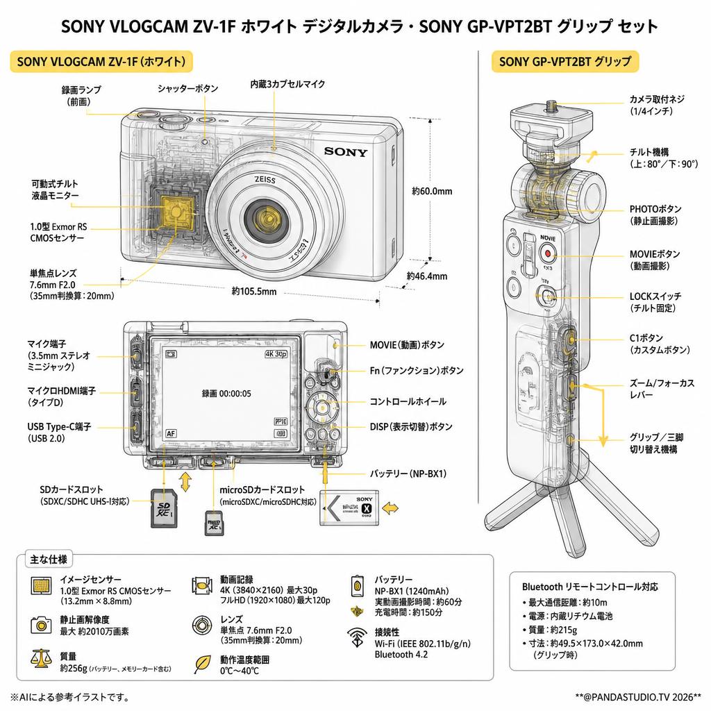 SONY VLOGCAM ZV-1F ホワイト デジタルカメラ・SONY GP-VPT2BT グリップ セット スペック