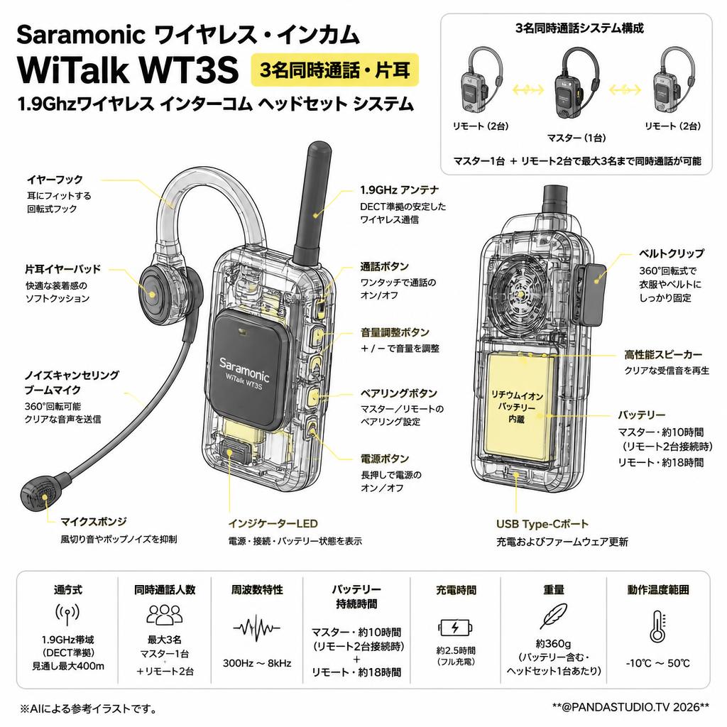 Saramonic ワイヤレス・インカム  WiTalk WT3S 【３名同時通話・片耳】1.9Ghzワイヤレス インターコム ヘッドセット システム スペック