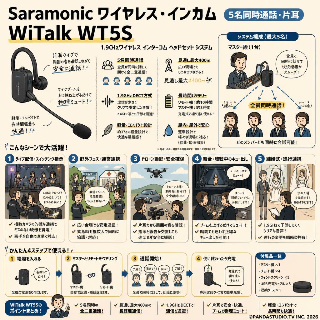 Saramonic ワイヤレス・インカム  WiTalk WT5S 【5名同時通話・片耳】1.9Ghzワイヤレス インターコム ヘッドセット システム 用途