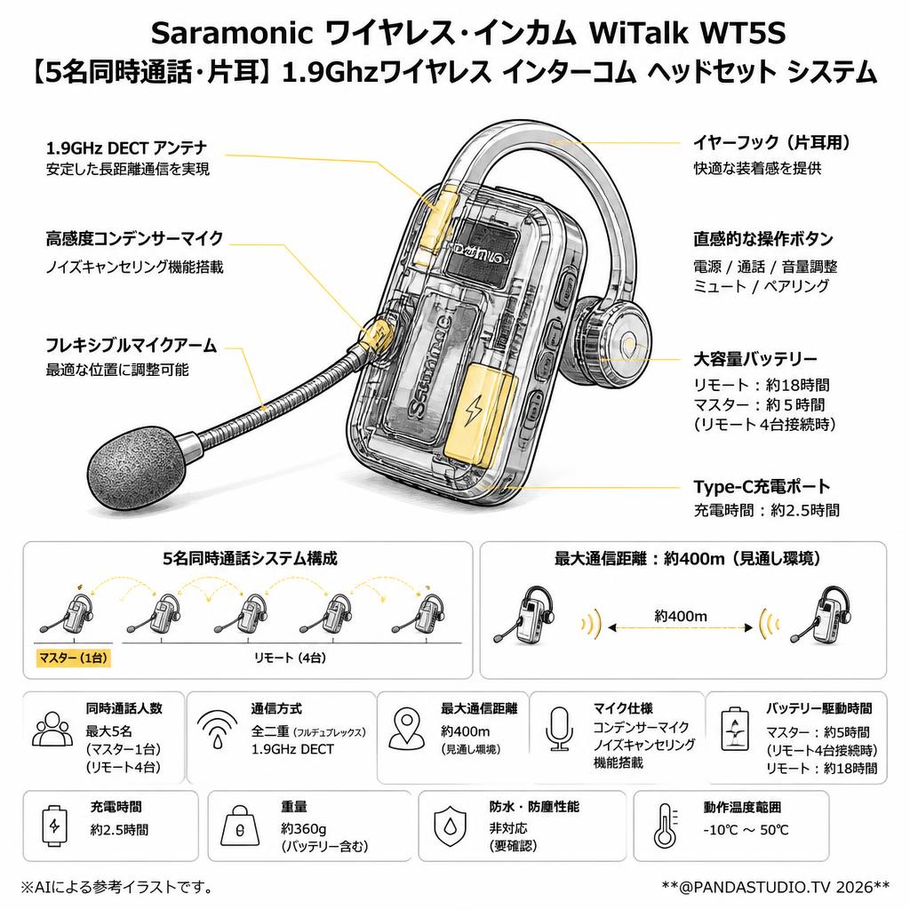 Saramonic ワイヤレス・インカム  WiTalk WT5S 【5名同時通話・片耳】1.9Ghzワイヤレス インターコム ヘッドセット システム スペック