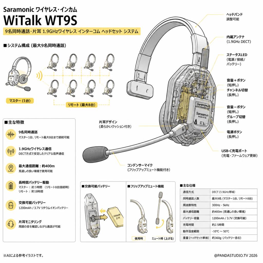 Saramonic  ワイヤレス・インカム WiTalk WT9S 【9名同時通話・片耳】1.9Ghzワイヤレス インターコム ヘッドセット システム スペック