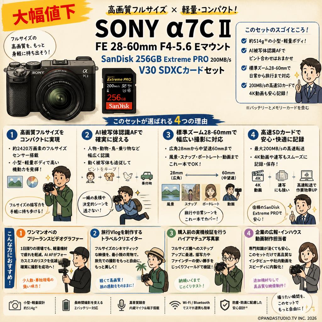 【大幅値下】SONY α7C II/ FE 28-60mm F4-5.6 Eマウント.SanDisk 256GBExtreme PRO 200MB/s  V30 SDXCカードセット おもな対象のお客様