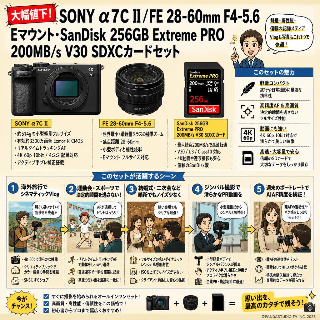 【大幅値下】SONY α7C II/ FE 28-60mm F4-5.6 Eマウント.SanDisk 256GBExtreme PRO 200MB/s  V30 SDXCカードセット 用途
