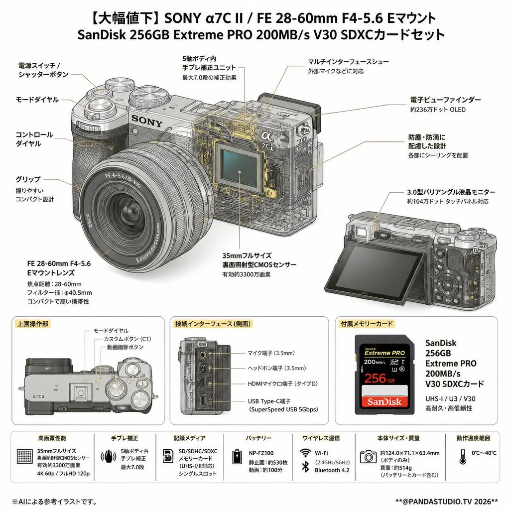 【大幅値下】SONY α7C II/ FE 28-60mm F4-5.6 Eマウント.SanDisk 256GBExtreme PRO 200MB/s  V30 SDXCカードセット スペック