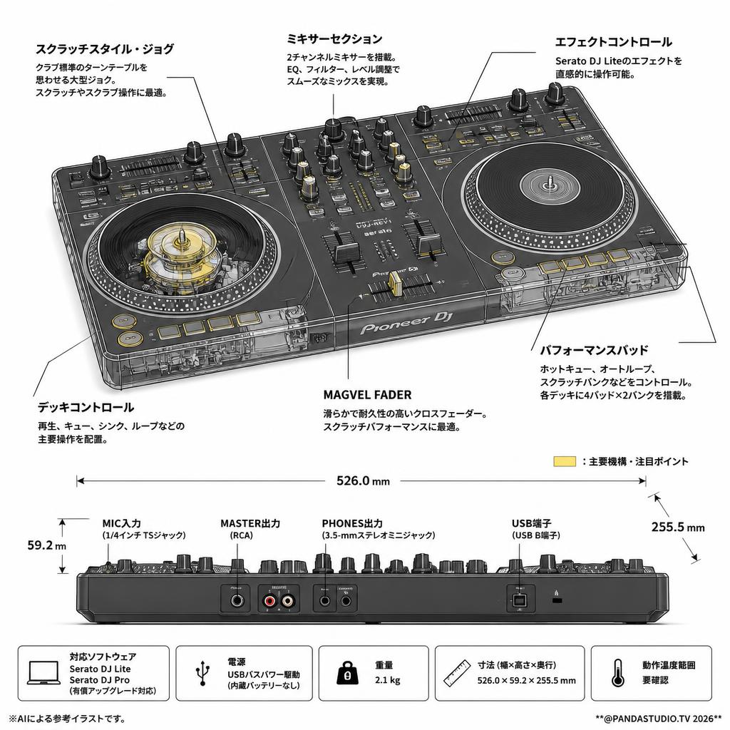 Pioneer DJ ／ DDJ-REV1 Serato DJ Lite対応 スクラッチスタイル 2ch DJコントローラー スペック