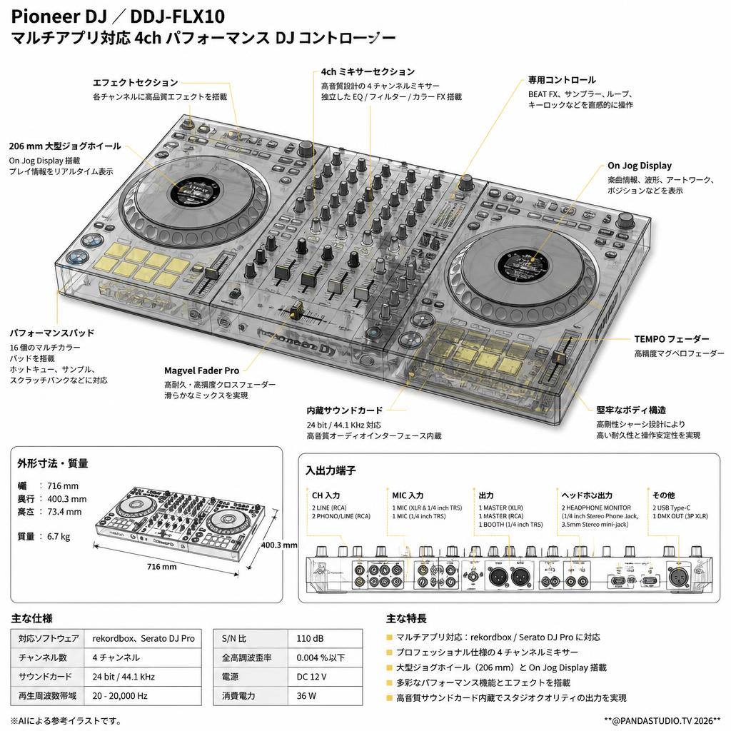 Pioneer DJ ／DDJ-FLX10 マルチアプリ対応 4ch パフォーマンス DJ コントローラー スペック