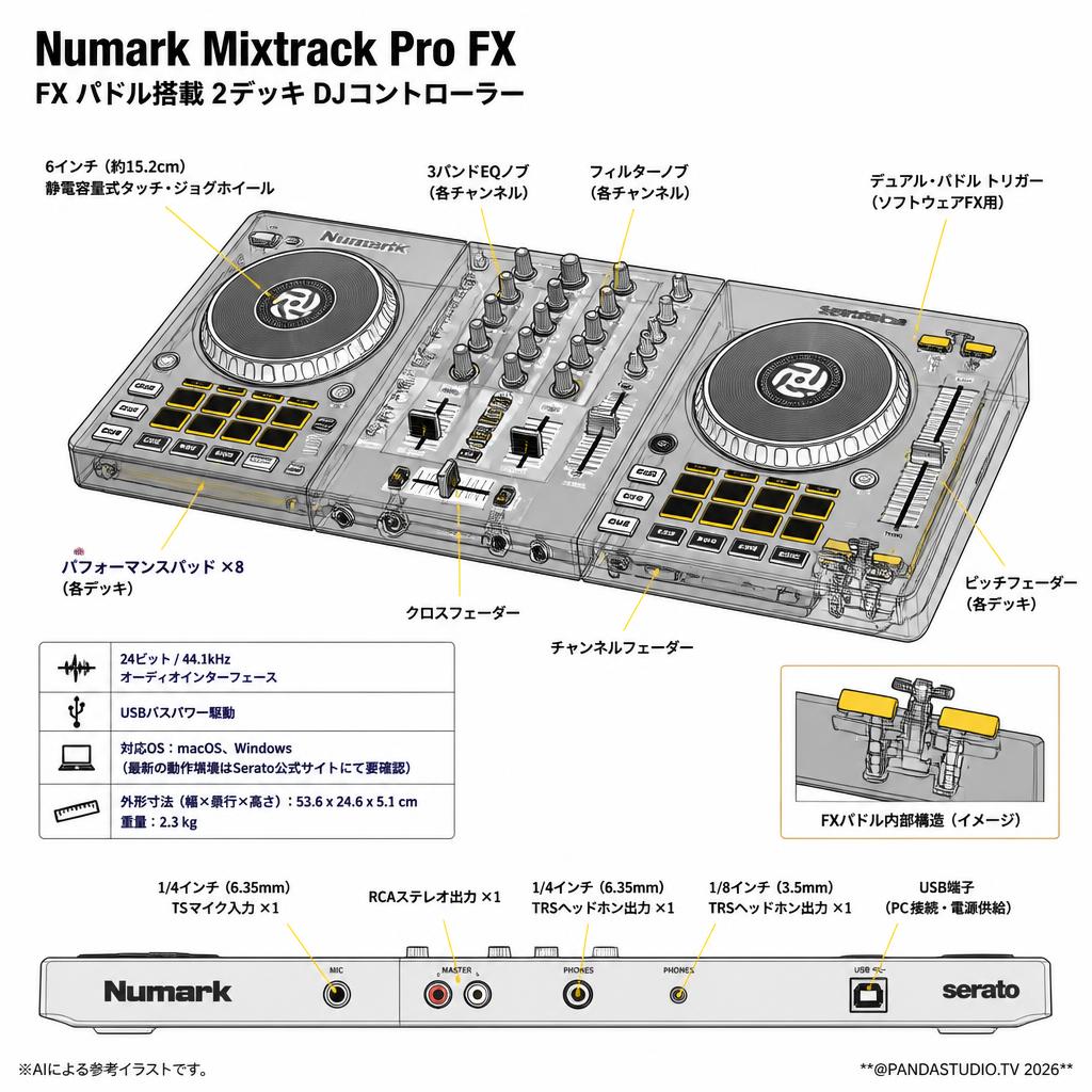 Numark Mixtrack Pro FX／ FX パドル搭載2デッキ DJコントローラー スペック