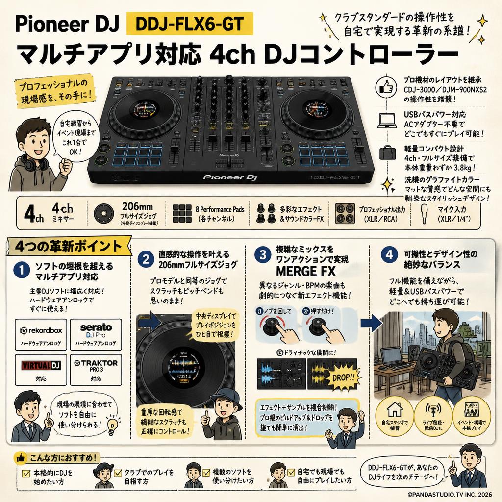 Pioneer DJ ／ DDJ-FLX6-GT マルチアプリ対応 4ch DJコントローラー 概要
