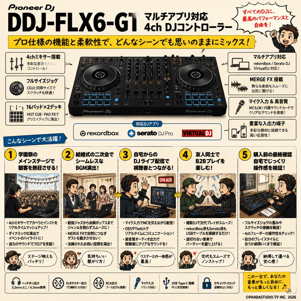Pioneer DJ ／ DDJ-FLX6-GT マルチアプリ対応 4ch DJコントローラー 用途