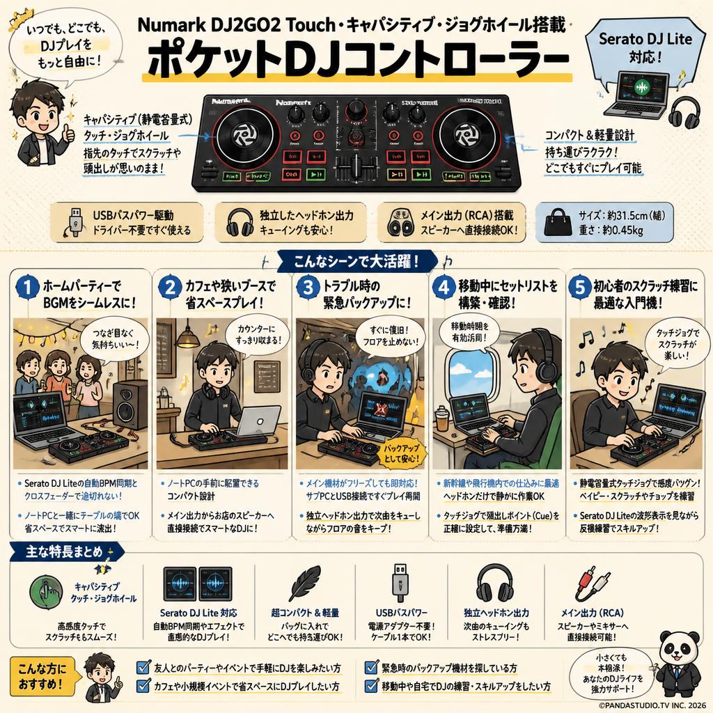 Numark DJ2GO2 Touch・キャパシティブ・ジョグホイール搭載ポケットDJコントローラー 用途
