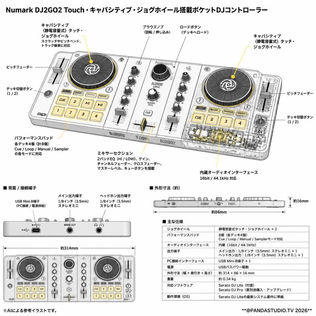 Numark DJ2GO2 Touch・キャパシティブ・ジョグホイール搭載ポケットDJコントローラー スペック