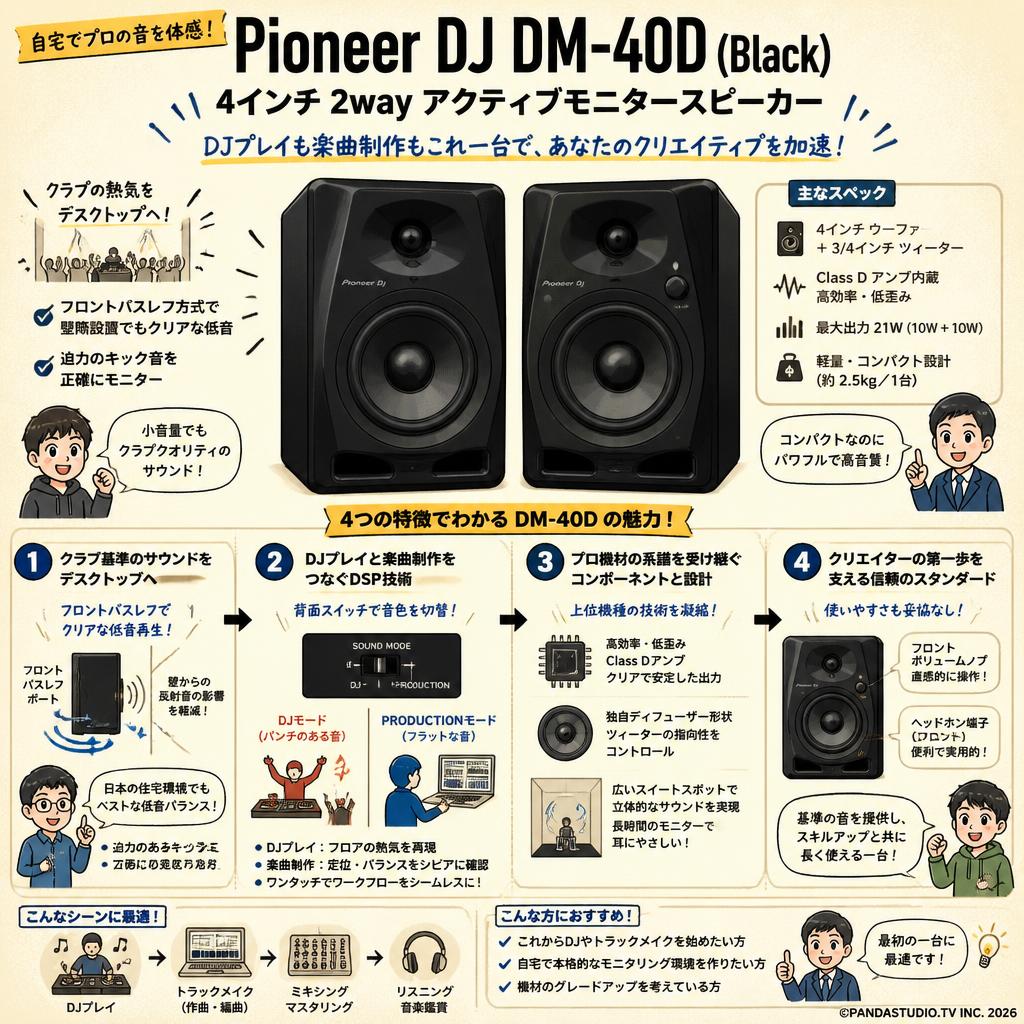 Pioneer DJ 4インチ 2wayアクティブモニタースピーカー DM-40D (Black) 概要