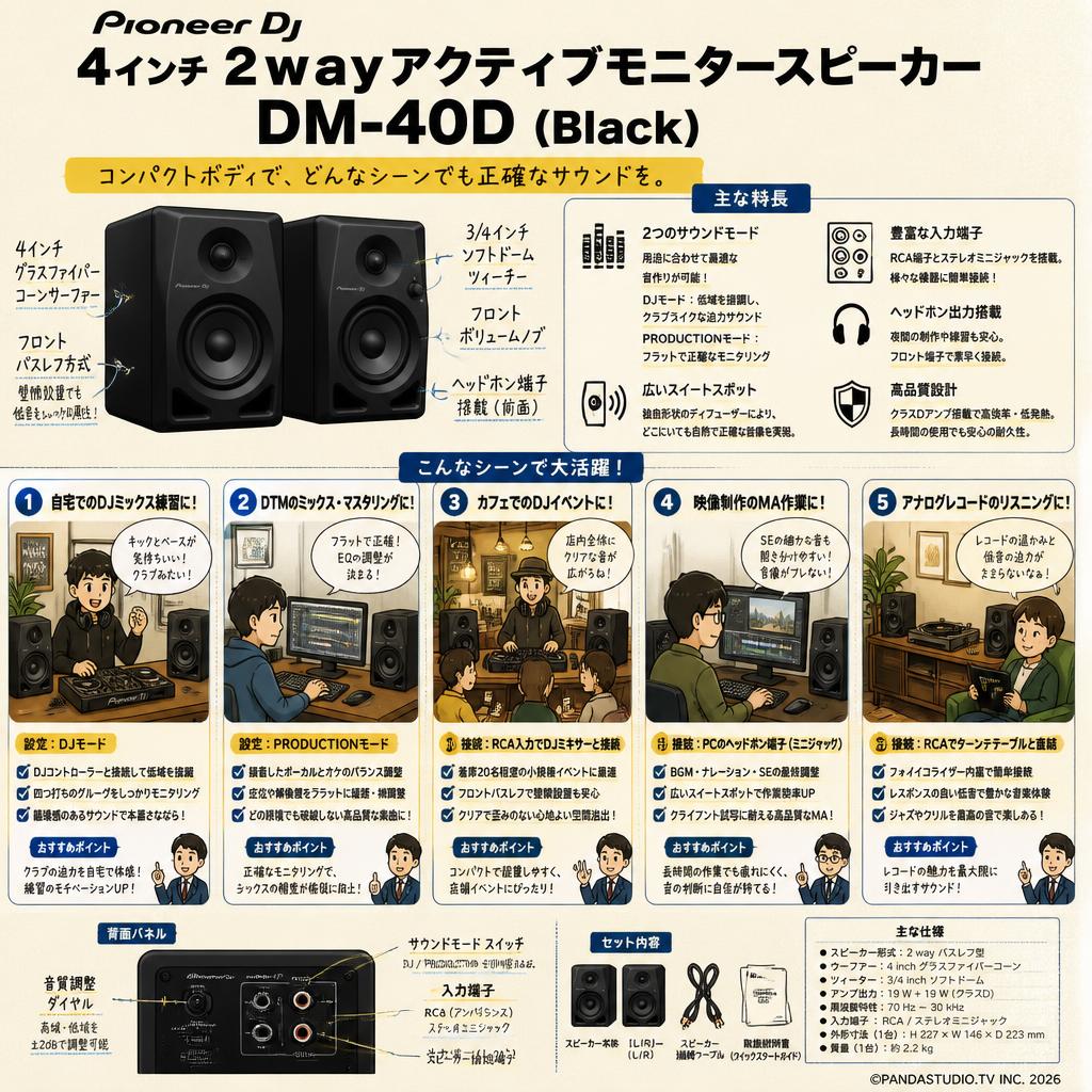 Pioneer DJ 4インチ 2wayアクティブモニタースピーカー DM-40D (Black) 用途