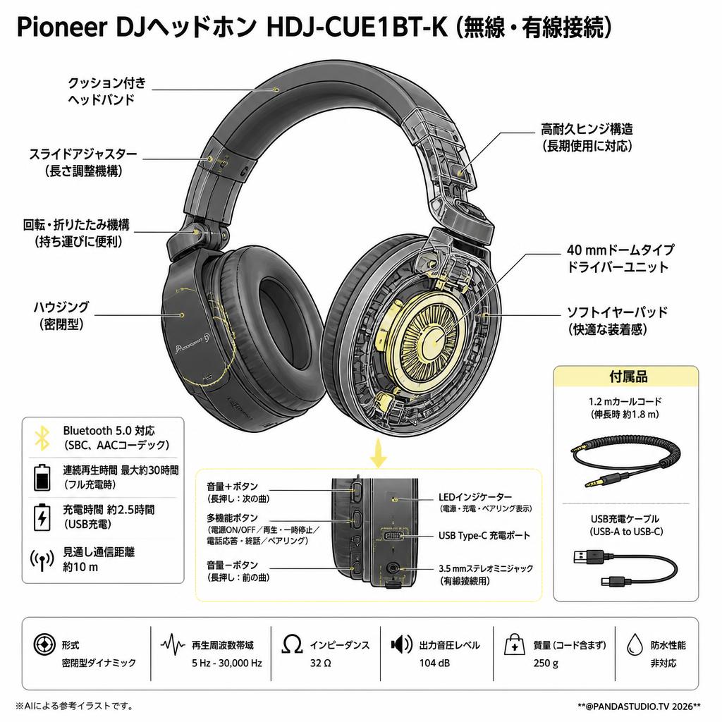 Pioneer DJヘッドホン HDJ-CUE1BT-K（無線・有線接続） スペック
