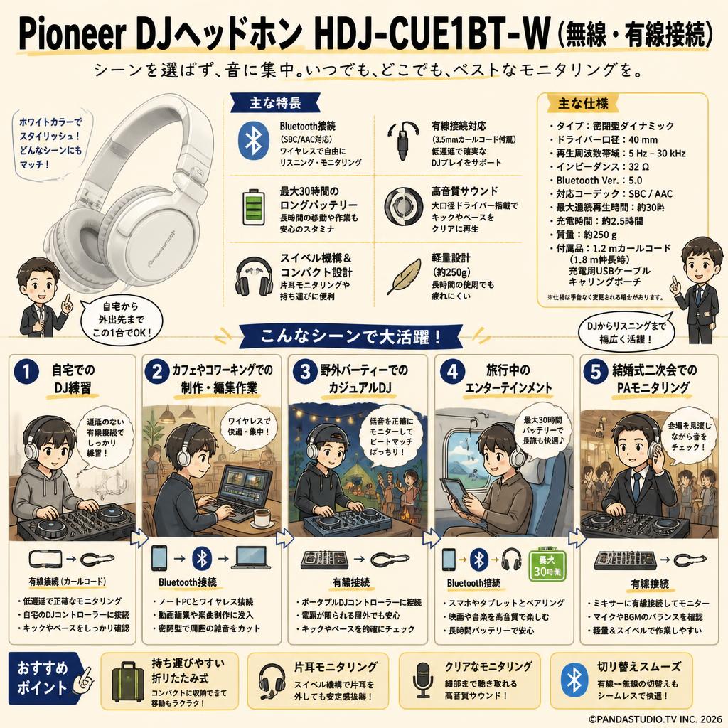 Pioneer DJヘッドホン HDJ-CUE1BT-W（無線・有線接続） 用途