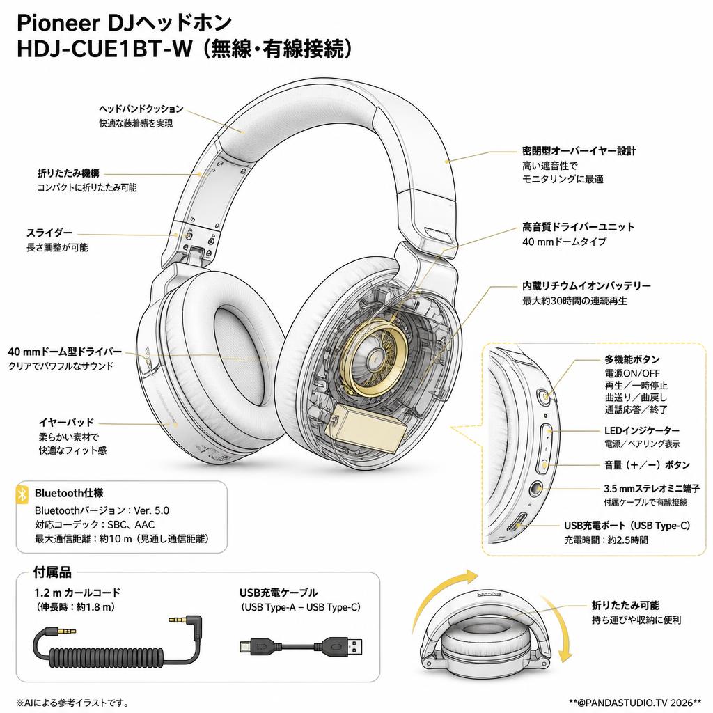 Pioneer DJヘッドホン HDJ-CUE1BT-W（無線・有線接続） スペック