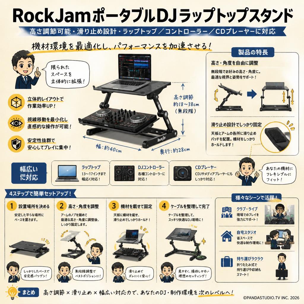 RockJamポータブルDJラップトップスタンド（高さ調節可能、滑り止め設計、ラップトップ、コントローラー、CDプレーヤーに対応） 概要