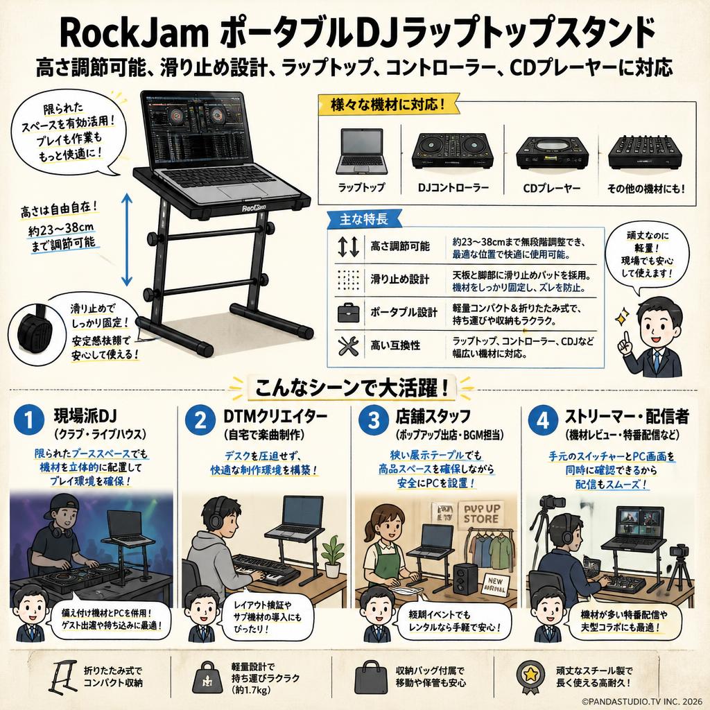 RockJamポータブルDJラップトップスタンド（高さ調節可能、滑り止め設計、ラップトップ、コントローラー、CDプレーヤーに対応） おもな対象のお客様
