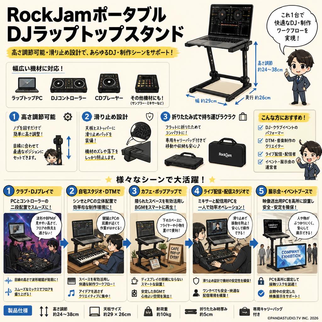 RockJamポータブルDJラップトップスタンド（高さ調節可能、滑り止め設計、ラップトップ、コントローラー、CDプレーヤーに対応） 用途
