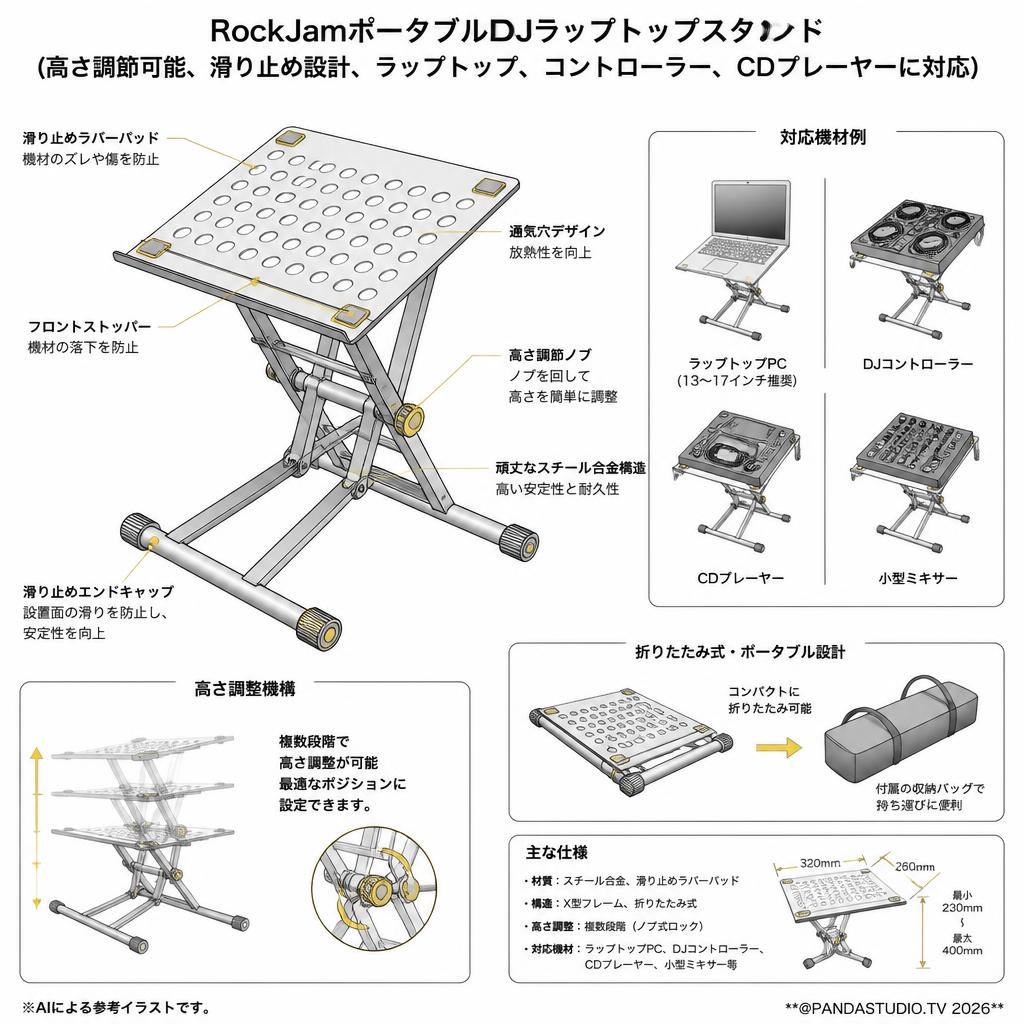 RockJamポータブルDJラップトップスタンド（高さ調節可能、滑り止め設計、ラップトップ、コントローラー、CDプレーヤーに対応） スペック