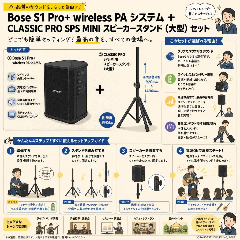 Bose S1 Pro+ wireless PA システム.CLASSIC PRO SPS MINI スピーカースタンド（大型） 【高さ調整可能：920mm - 1400mm】セット 概要